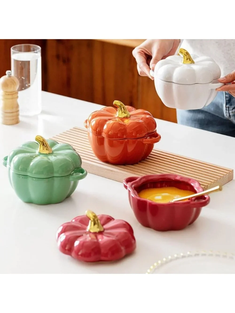 Set of 4 Pumpkin Ceramic Ramekins with Lids & Handles - Oven Safe Casserole